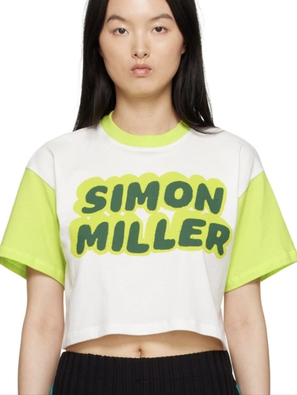 Simon Miller White & 'Brat' Green Cropped Logo Cotton Jersey Baby Tee (Size S)